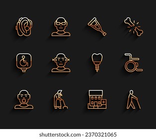 Set line Head of deaf and dumb, Grandmother, Hearing aid, Medical hospital building, Blind human holding stick, Deaf, Wheelchair and Dental implant icon. Vector