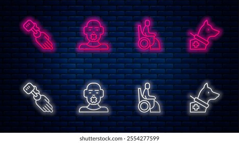 Set line Head of deaf and dumb, Woman in wheelchair, Prosthesis hand and Guide dog. Glowing neon icon on brick wall. Vector