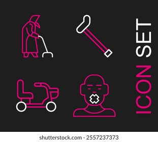 Set line Head of deaf and dumb, Electric wheelchair, Walking stick cane and Grandmother icon. Vector