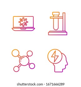 Das elektrische Symbol der Linie, Molecule, Bacteria auf dem Laptop und Reagenzglas auf dem Ständer. Farbsymbole. Vektorillustration