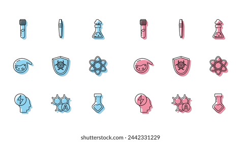 Set line Head and electric symbol, Chemical formula, Test tube flask chemical, Biohazard on shield, Atom,  and Tweezers icon. Vector