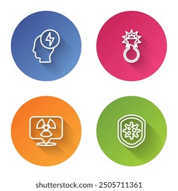 Set line Head and electric symbol, Test tube flask, Radioactive in location and Shield protecting from virus. Color circle button. Vector