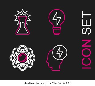 Set line Head and electric symbol, Atom, Light bulb with lightning and Test tube flask icon. Vector