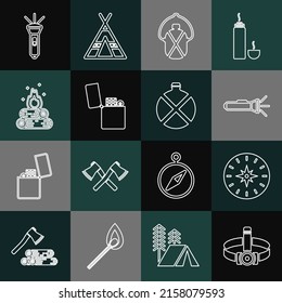 Set line Head flashlight, Compass, Flashlight, Canteen water bottle, Lighter, Campfire,  and  icon. Vector