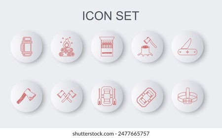 Set line Head flashlight, Old wooden axe, Open matchbox and matches, Rafting boat, Thermos container, Campfire, Crossed and  icon. Vector