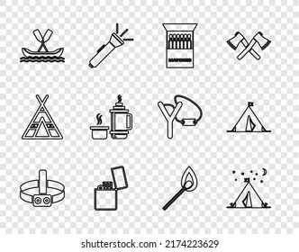 Fijar la linterna de la cabeza, la tienda de campaña turística con bandera, Abrir la caja de cerillas y los cerillos, Encendedor, Rafting boat, Contenedor de Thermos, Fuego incendiado e icono. Vector