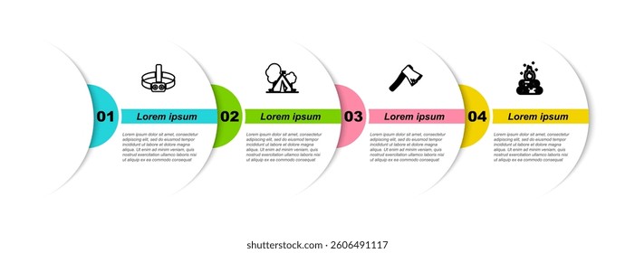 Set line Head flashlight, Tourist tent with flag, Old wooden axe and Campfire. Business infographic template. Vector