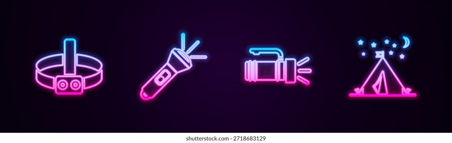 Set line Head flashlight, Flashlight,  and Tourist tent with flag. Glowing neon icon. Vector