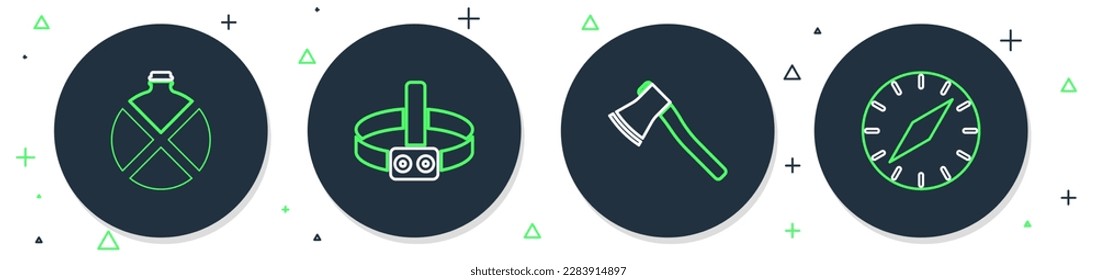Fijar la linterna de la cabeza, el hacha de madera, el frasco de agua de Canteen y el icono de la brújula. Vector