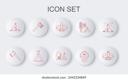 Set line Head flashlight, Wooden axe, Canteen water bottle, Tourist tent with flag,  and  icon. Vector