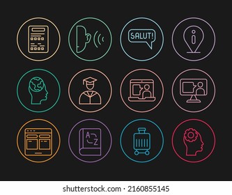 Set Line Head With Gear Inside, Foreign Language Online Study, Salut Different Languages, Graduate And Graduation Cap, Learning Foreign, Exam Sheet,  And Ear Listen Sound Signal Icon. Vector