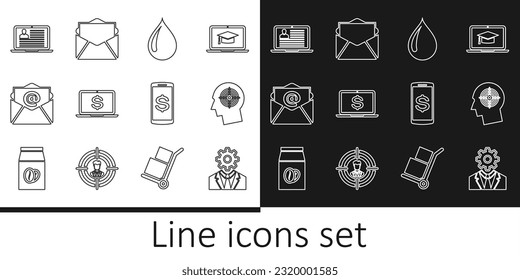 Set line Head with gear inside, hunting concept, Water drop, Laptop dollar, Mail and e-mail, resume, Smartphone and  icon. Vector