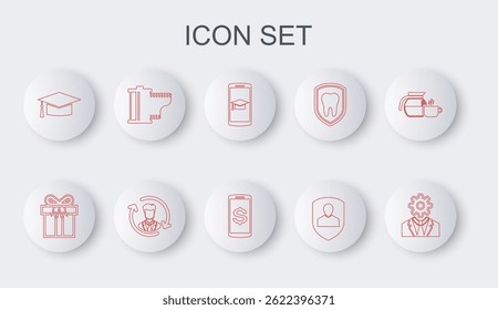 Set line Head with gear inside, Gift box, Graduation cap on mobile, User protection, Camera film roll cartridge, Human resources and Smartphone dollar icon. Vector
