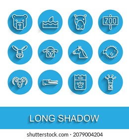 Set line Head of goat or ram, Crocodile, Bear head, Bag food, Giraffe, Sheep, Puffer fish and Horse icon. Vector