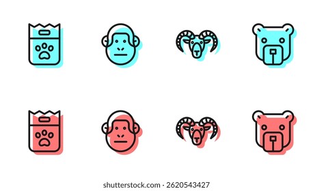 Set line Head of goat or ram, Bag food, Monkey and Bear head icon. Vector