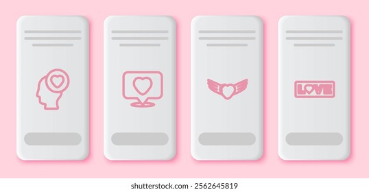 Set line Head with heart, Like and, Heart wings and Love text. White rectangle button. Vector