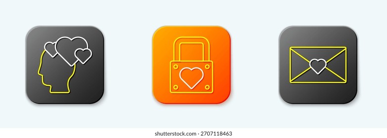 Set línea Cabeza con corazón, cerradura y sobre icono de San Valentín. Vector