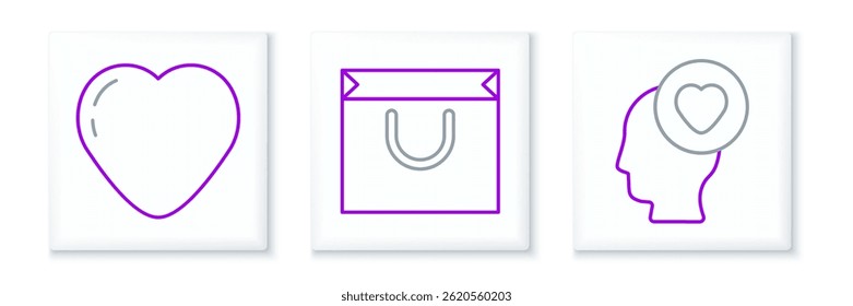 Set line Head with heart, Heart and Shopping bag icon. Vector