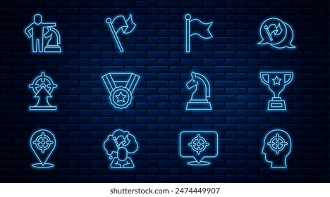 Set line Head hunting, Award cup, Flag, Medal, Target, Chess,  and  icon. Vector