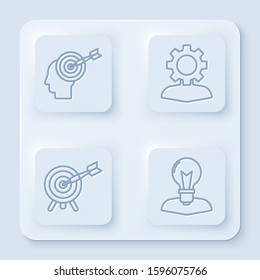 Set line Head hunting concept, Human with gear inside, Target with arrow and Human head with lamp bulb. White square button. Vector