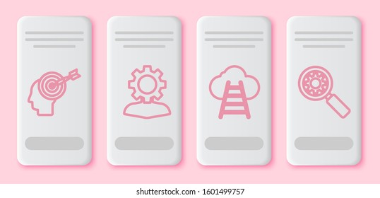 Set line Head hunting concept, Human with gear inside, Ladder leading to cloud and Magnifying glass and gear. White rectangle button. Vector