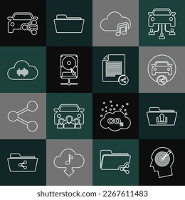 Establecer el concepto de búsqueda de cabezales de línea, carga de carpetas, uso compartido de coches, servicio de streaming de música, red de unidades de disco duro e icono de archivos Share. Vector
