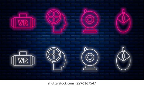 Establecer el concepto de caza de cabezales de línea, cámara web, gafas de realidad virtual y juegos de ratón por computadora. Icono de neón brillante en la pared de ladrillo. Vector