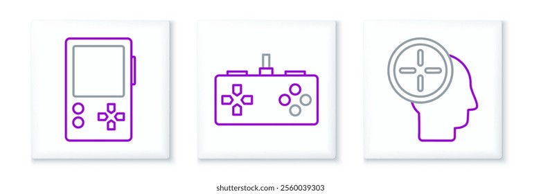 Set line Head hunting concept, Portable video game console and Gamepad icon. Vector