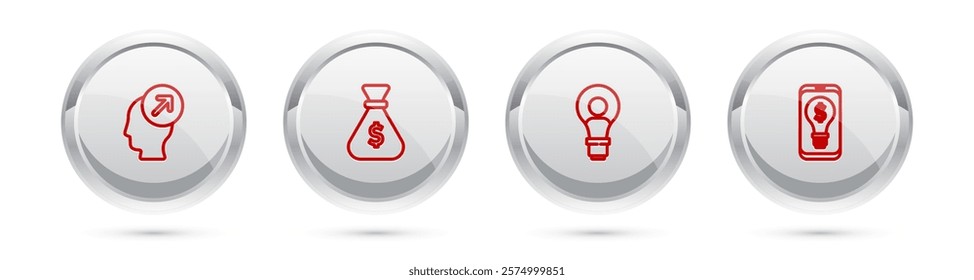 Set line Head hunting concept, Money bag, with lamp bulb and Light dollar mobile. Silver circle button. Vector