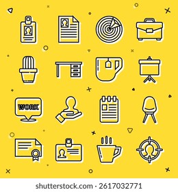 Set line Head hunting concept, Office chair, Chalkboard with diagram, Target sport, desk, Cactus and succulent pot, Identification badge and Cup of tea tea bag icon. Vector