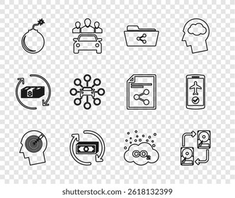 Set line Head hunting concept, Data exchange with hhd, Share folder, Refund money, Bomb ready to explode, Car sharing, CO2 emissions cloud and Flight mode the mobile icon. Vector