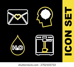 Concepto de la caza de la cabeza de la línea del sistema, máquina y taza de café, gota de agua con H2O y icono del corazón del sobre de San Valentín. Vector