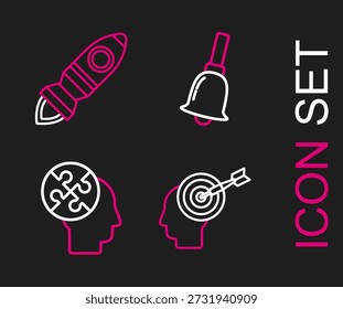 Concepto de la caza de la cabeza, estrategia de los rompecabezas de la cabeza humana, campana que suena y nave del cohete con el icono del fuego. Vector
