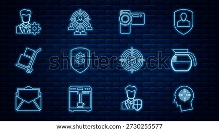 Set line Head hunting concept, Coffee pot, Cinema camera, Shield and dollar, Hand truck boxes, Profile settings, Target with and Marketing target strategy icon. Vector