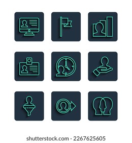 Set line Head hunting, Create account screen, Project team base, Productive human, Time Management, Identification badge, Monitor with resume and Hand for search people icon. Vector