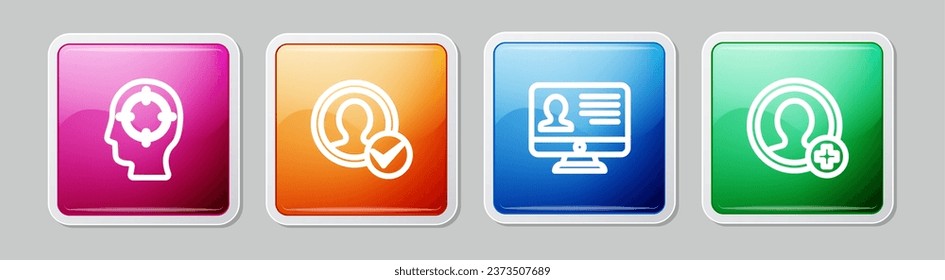 Set line Head hunting, Create account screen, Monitor with resume and . Colorful square button. Vector