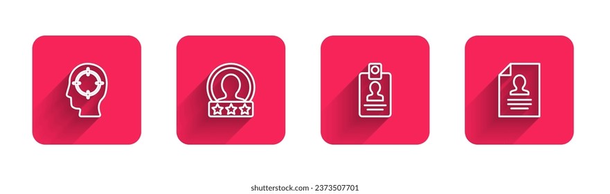 Setzen Sie die Zeile Head Jagd, Erstellen Sie Account-Bildschirm, Identification-Button und Resume mit langem Schatten. Roter Quadrat-Knopf. Vektorgrafik