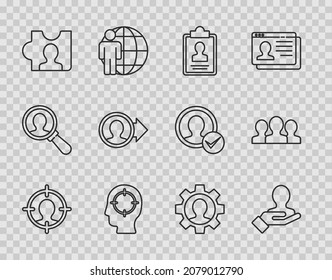 Establecer la caza de cabezales de línea, Mano para los usuarios de búsqueda, Portapapeles con currículum, Crear pantalla de cuenta, Equipo humano e icono de grupo Usuarios. Vector