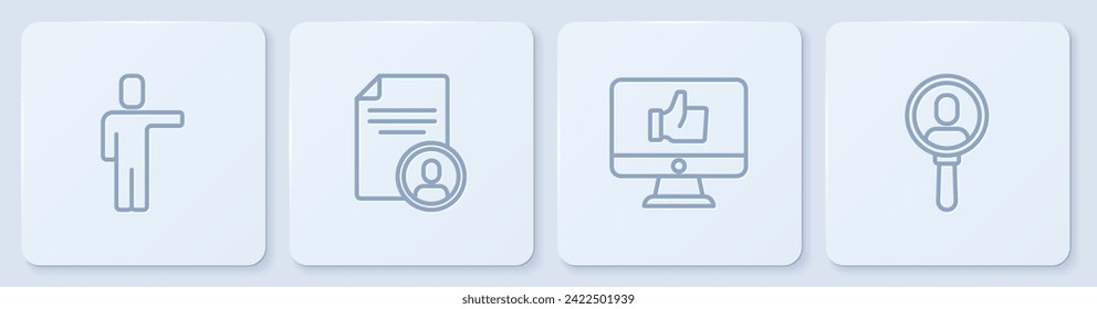 Set line Head hunting, Hand like, Resume and Search people. White square button. Vector