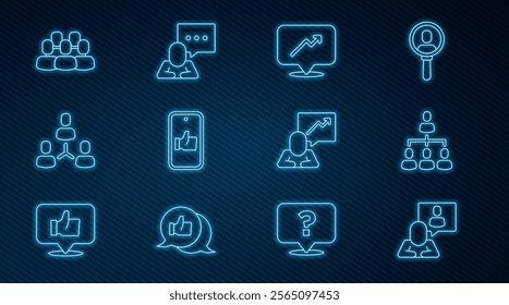 Set line Head hunting, Hierarchy organogram chart, Graph, schedule,, Hand like, Project team base, Team leader and Speech bubble chat icon. Vector