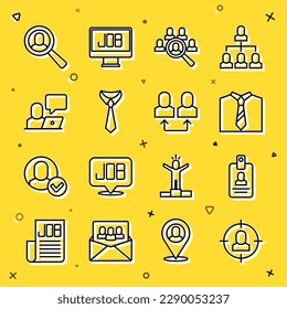 Set line Head hunting, Identification badge, Tie, Magnifying glass for search job, Freelancer,  and Exchange work icon. Vector