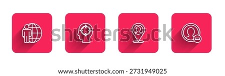 Set line Head hunting, , Location with person and Create account screen with long shadow. Red square button. Vector