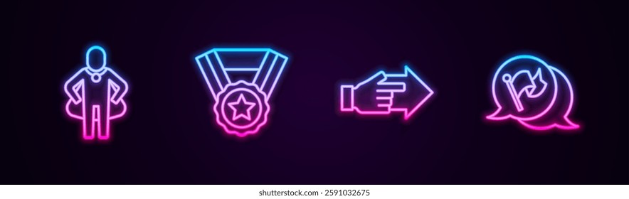 Set line Head hunting, Medal, Hand with pointing finger and Flag. Glowing neon icon. Vector