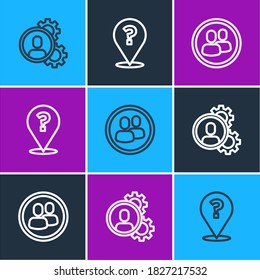 Establecer la caza de cabezales de línea, base del equipo del proyecto e icono de signo de interrogación. Vector