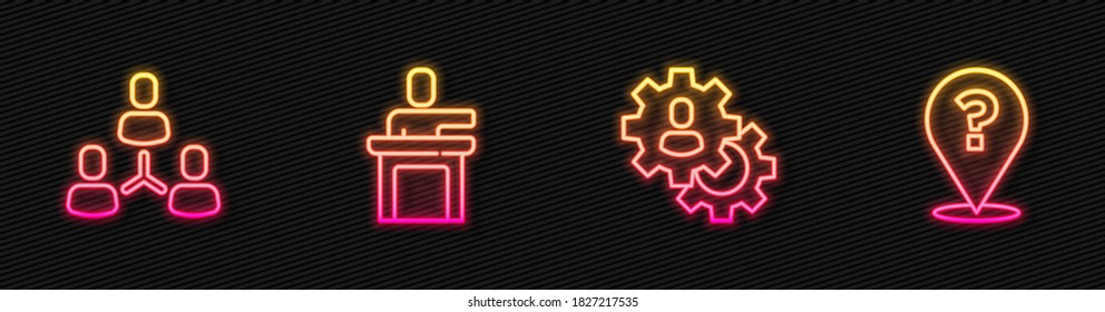 Set line Head hunting, Project team base, Speaker and Question mark. Glowing neon icon. Vector