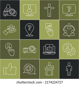 Fijar la caza de cabezales de línea, base del equipo del proyecto, signo de interrogación, mano para personas de búsqueda, proyector de medios e icono de líder del equipo. Vector
