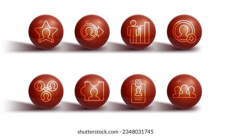 Set line Head hunting, Project team base, Create account screen, Identification badge, Users group and Productive human icon. Vector