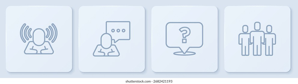Establecer línea de búsqueda de cabeza, signo de interrogación, chat de burbuja de voz y grupo de usuarios. Botón cuadrado blanco. Vector