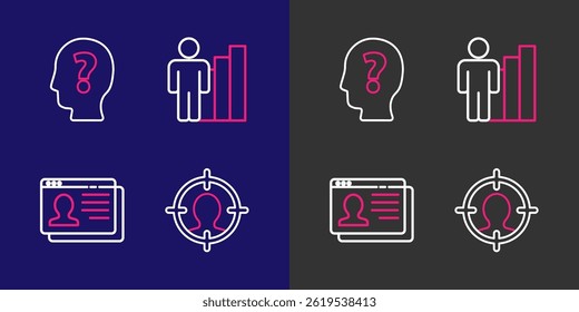 Set line Head hunting, Resume, Productive human and with question mark icon. Vector