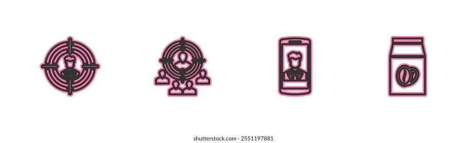 Set line Head hunting, Smartphone with contact, Marketing target strategy and Coffee beans bag icon. Vector